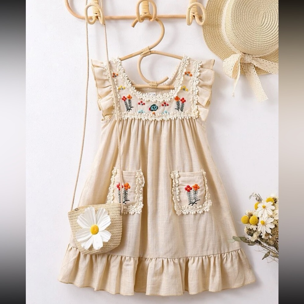 Floral Embroidered Linen Ruffle Smock Dress